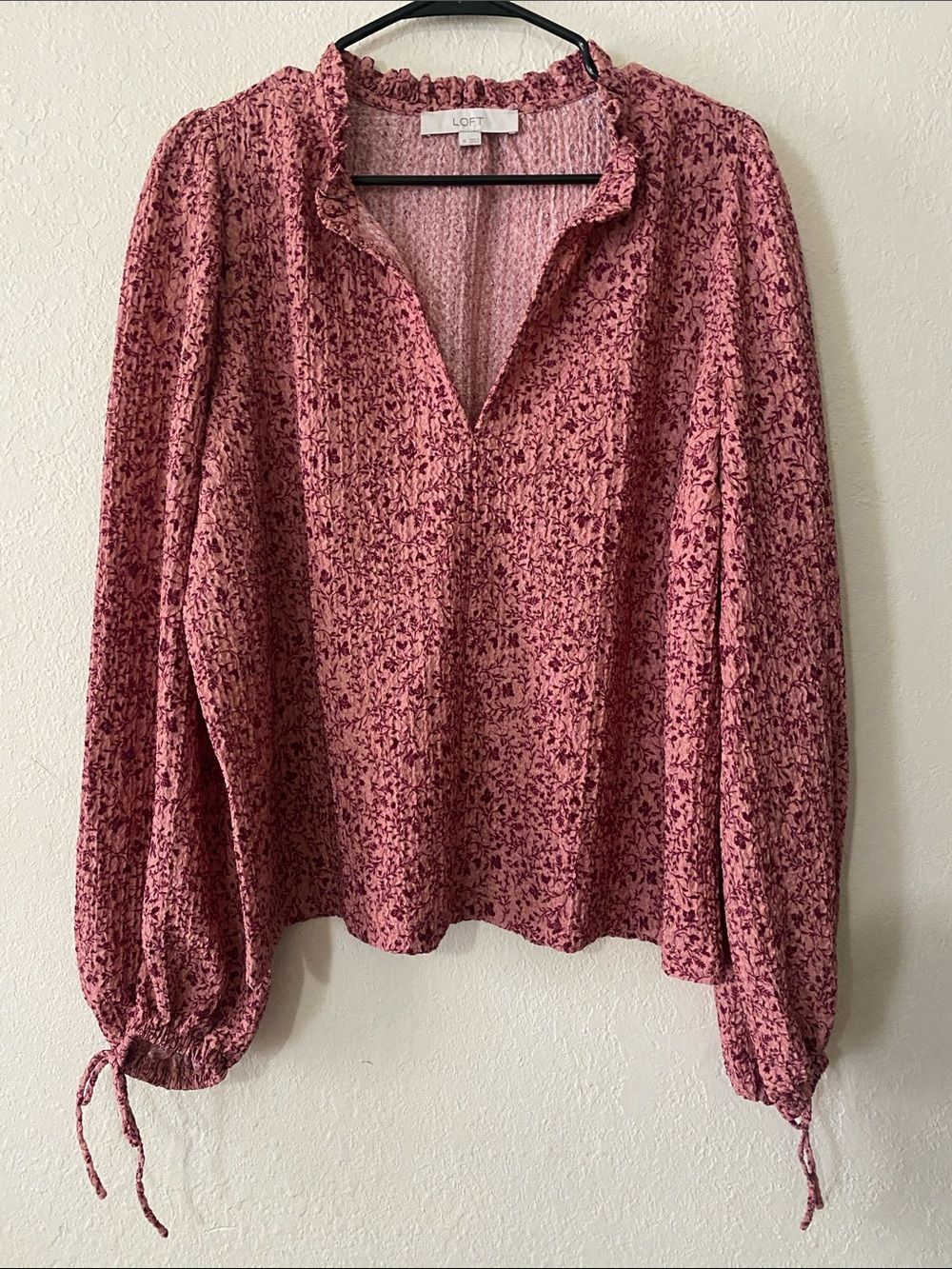 LOFT Rose-Pink Floral Printed Split V Ruffle-Neck Blouse - Picture 2 of 10